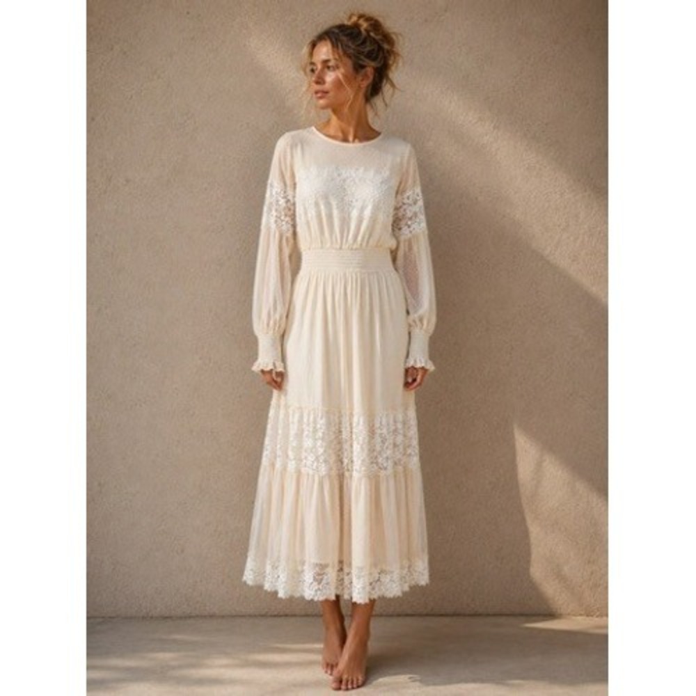 Bohme Cream Lace Inset Smocked Waist Tiered Maxi Dress FD40953 Size L Victorian